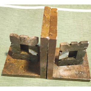 Pair Of Rustic Stone Open Frame Insert Slot Archaic Look Bookends Geometric RARE